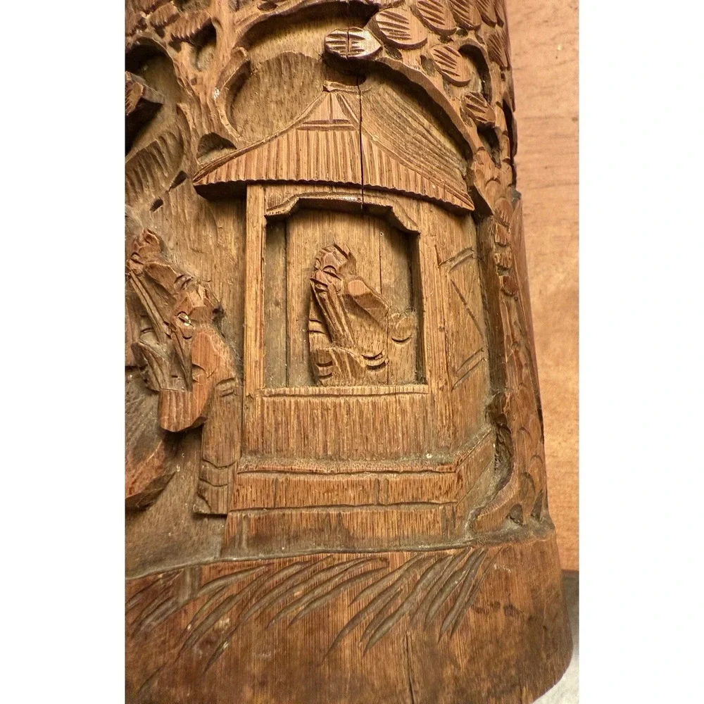 Antique Chinese carved‎ landscapes and figurines bamboo brush pot Vase